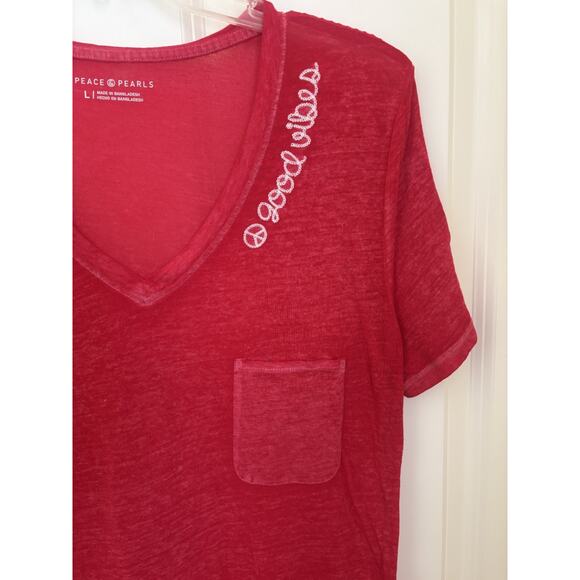 PEACE & PEARLS Red Burnout Tee Shirt L Lightweight Short Sleeve Lipstick - Picture 3 of 5